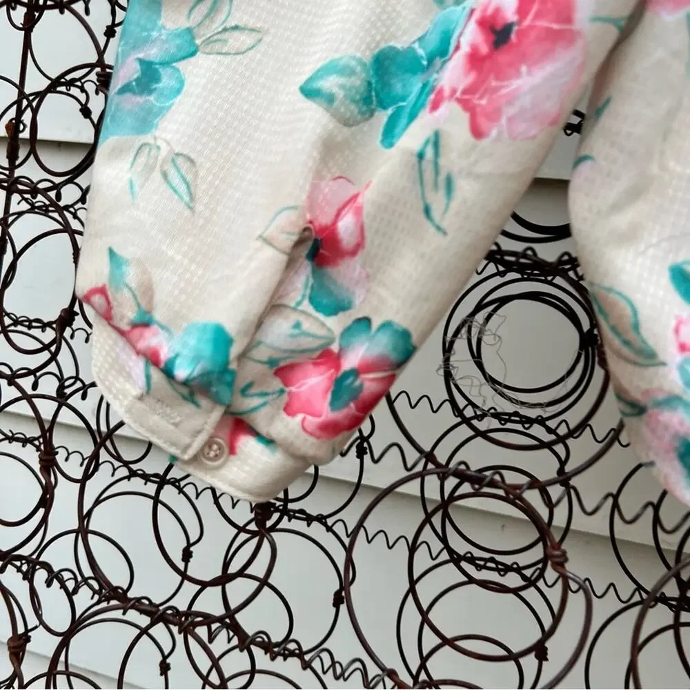 Vintage 60s DEVON butter cream pink green floral button down polyester blouse - Picture 5 of 6